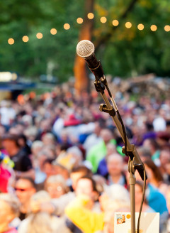 Mikrofon im Vordergrund mit unscharfem Publikum und Lichterketten im Hintergrund während eines Events auf dem Campingplatz.