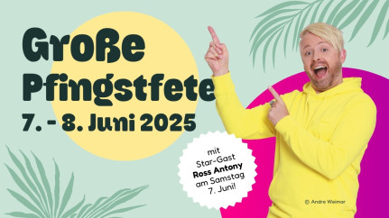 Veranstaltungsteaser zur großen Pfingstfete bei baltic Freizeit vom 07.-08. Juni 2025. Ross Anthony als Stargast in gelbem Pullover auf lila-farbenem Hintergrund.
