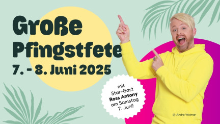 Veranstaltungsteaser zur großen Pfingstfete bei baltic Freizeit vom 07.-08. Juni 2025. Ross Anthony als Stargast in gelbem Pullover auf lila-farbenem Hintergrund.