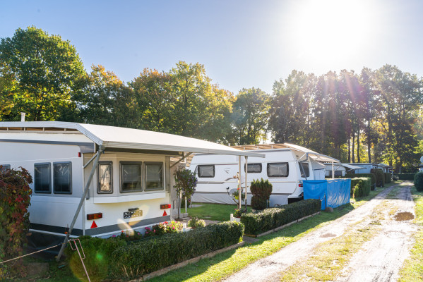 Stellplätze mit Wohnwagen im sonnigen Campingbereich von Baltic Freizeit.