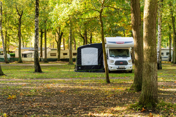 Wohnmobil geparkt unter Bäumen auf dem Campingplatz Baltic Freizeit in Markgrafenheide.