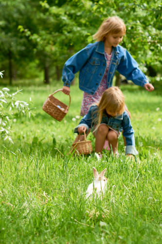 Zwei Kinder sammeln Ostereier, weißes Kaninchen im Gras