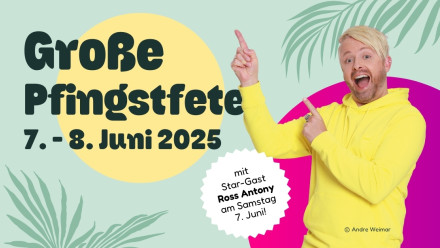 Veranstaltungsteaser zur großen Pfingstfete bei baltic Freizeit vom 07.-08. Juni 2025. Ross Anthony als Stargast in gelbem Pullover auf lila-farbenem Hintergrund.